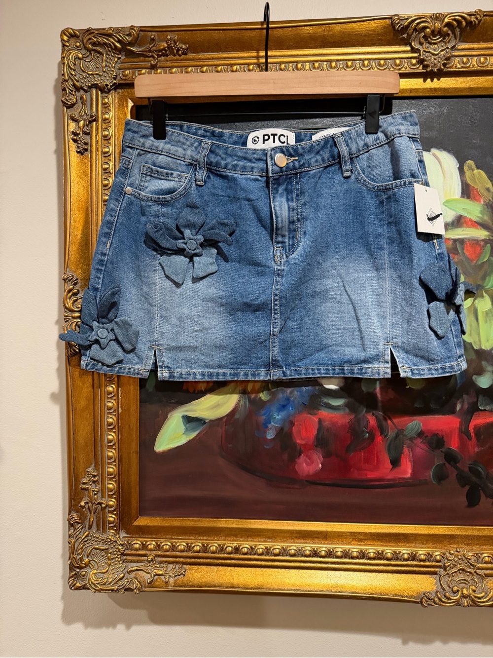 PTCI Blue Denim Mini Skirt with Floral Appliqués